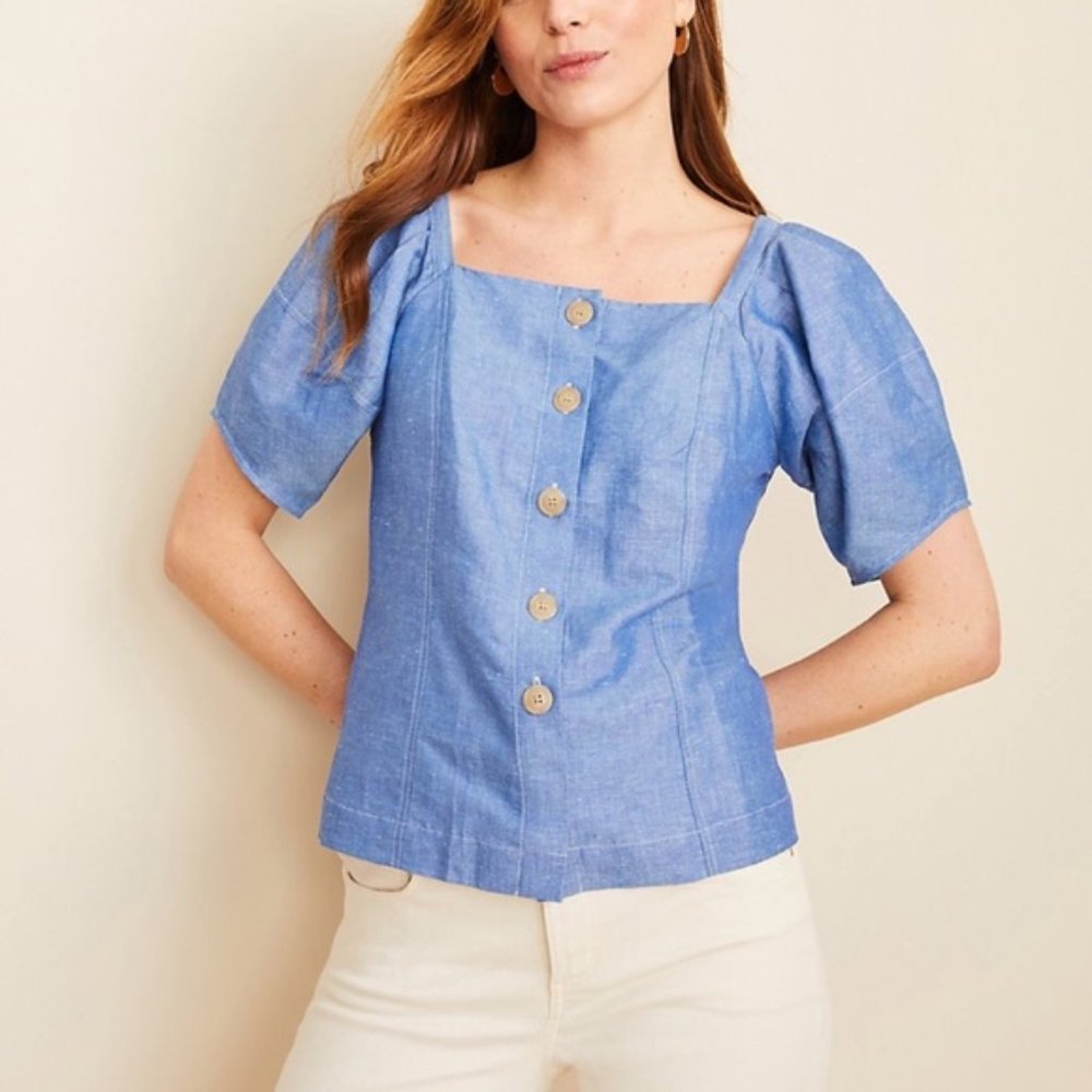 ANN TAYLOR Blue CHAMBRAY PUFF SLEEVE TOP